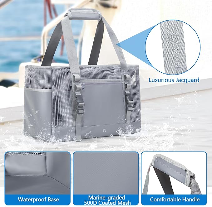 Yarwo Boat Gear Tote Bag, 35.5L Waterproof Boat Accessories Organizer with Marine-grade Coated Mesh and Wet Dry Pockets