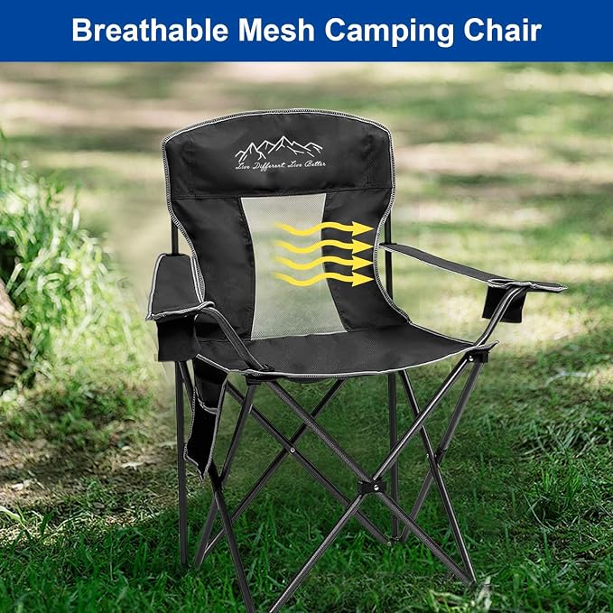 2PCS Collapsible Folding Camping Chairs Heavy Duty Lawn Foldable Chair with Cooler Bag, Storage Pocket, Waterproof Bag Outdoor Arm Sport Chair, Supports 325LBS, Black