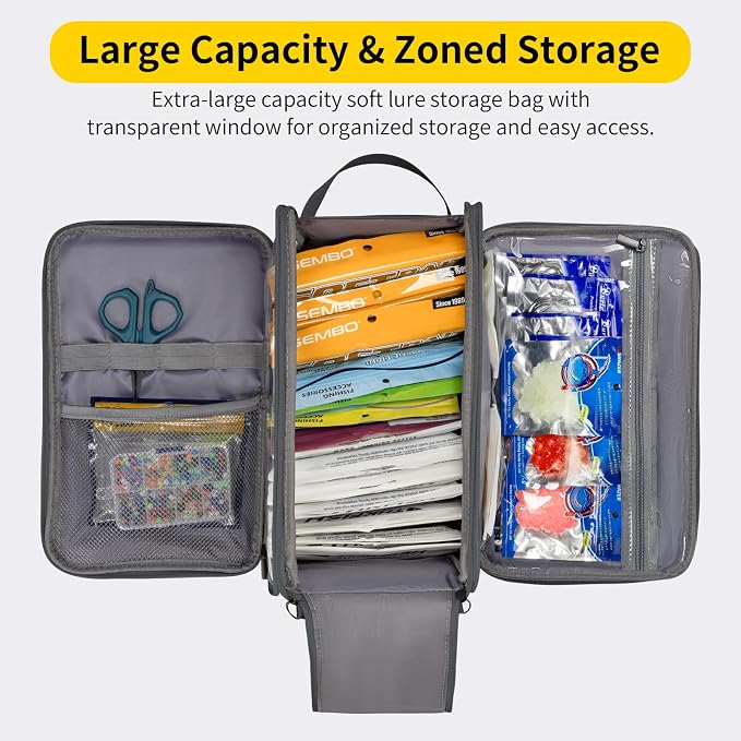 THKFISH Fishing Soft Plastic Bait Storage, Water-Resistant Extra-Large Clear Sleeves Tackle Bait Bag Storage For Lure Hooks, Sinkers & Fishing Accessories(Grey)