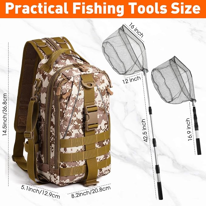 RoundFunny 256 Pcs Fishing Backpack with Tackle Box Gears, Tackle Sling Bag Backpack, Fishing Hook, Lures, Retractable Landing Net, Plier, Lip Gripper, Hook Remover, Fish Gift Men