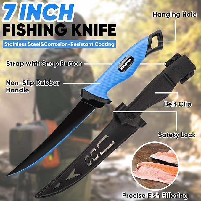 7 Pcs Fishing Tool Kit, Fishing Gear - Rust Resistant Fishing Pliers with Lanyard & Sheaths, 7-inch Fillet Knife, Fishing Lip Gripper, Fishing Scissors & Tool Retractor