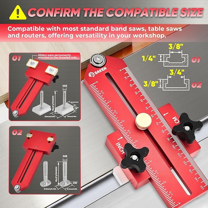 Saker Thin Rip Jig Table Saw Jig Guide, Making Repetitive Narrow Strip Cuts, Fit for 3/4" x 3/8" Slots, for Table Saw Band Saw Router Table(2PCS)