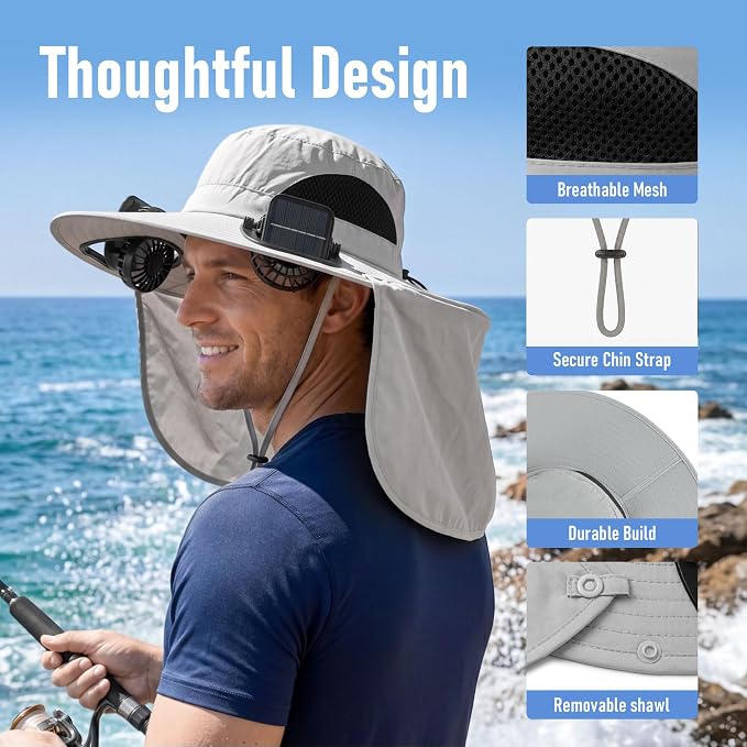 2 in 1 Wide Brim Sun Hat with 2 Solar Fans Sunshade UPF 50+ Garden Outdoor Fishing Beach Essential