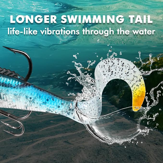 TRUSCEND Shadtale Easy Catch Soft Fishing Lures with BKK Hooks - Trembly Sinking and Vibrating Swim for More Bites, Pre-Rigged Swimbaits for Bass, Trout, Crappie, Walleye, Freshwater Saltwater Fishing