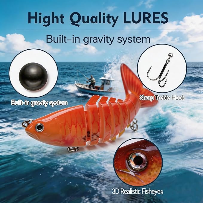 Multi Jointed Swimbait Hard Lure, 3.7in Slow Sinking Fishing Lures with Realistic S-Shaped Swimming Action, Built-in Gravity Transfer System & #6 Treble Hooks for Bass, Trout, Pike, Topwater Lure