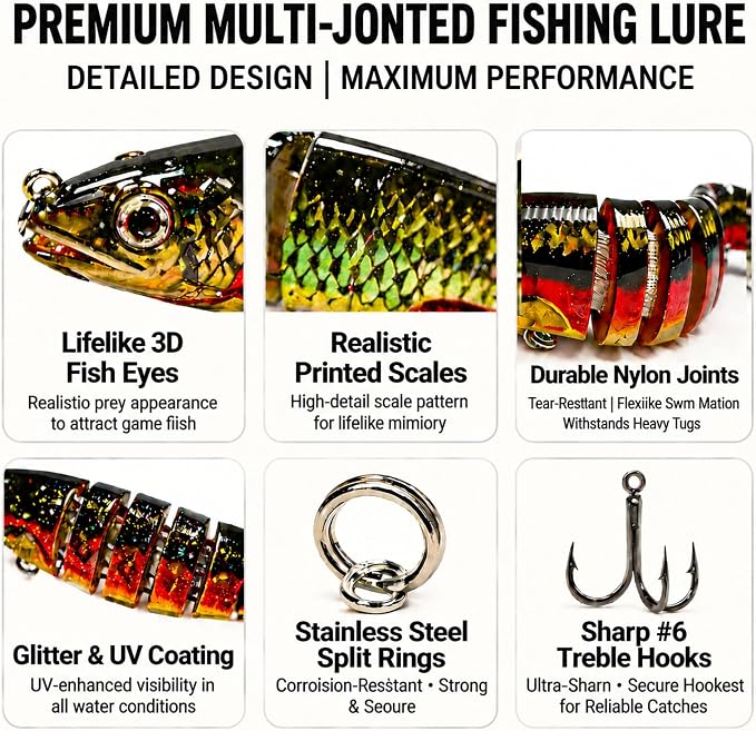 Multi-Jointed Swimbaits 5.1in Slow Sinking Fishing Lures, Premium ABS Hard Bait with Gravity Transfer System, Anti-Rust #6 Treble Hooks, Lifelike 3D Eyes for Bass Trout Walleye Pike