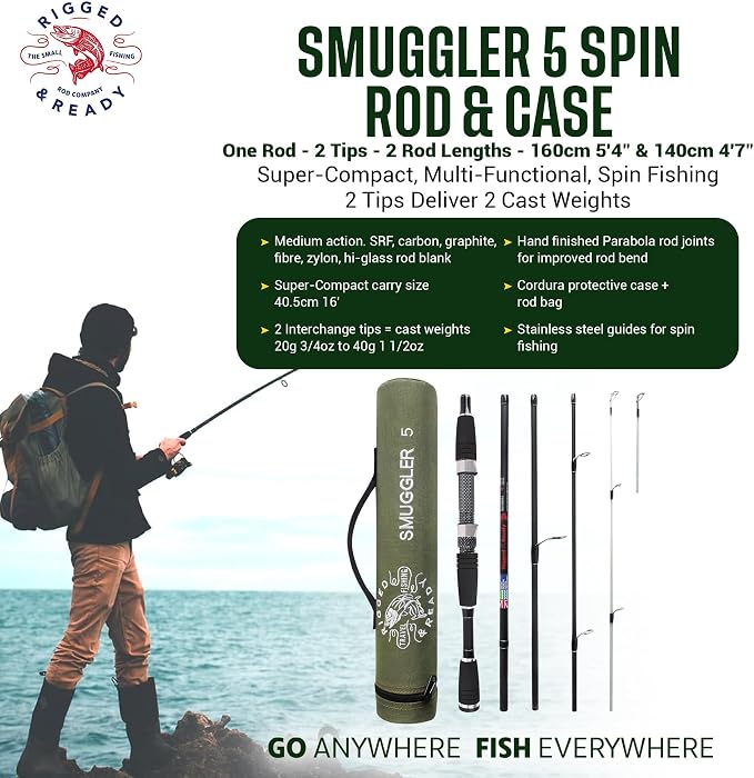 Rigged and Ready Smuggler Series™ Travel Fishing Rods. Super Compact, 1 Spinning Rod and Reel Combo, 4 Spin, 1 Casting Rod + Cases. 2, 3 or 4 Tips. Spin and General Freshwater - Saltwater Fishing