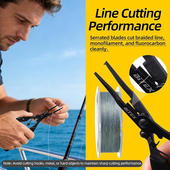 BiteX Saltwater Fishing Pliers with Split Ring Tip and Braid Cutter | Titanium-Coated Stainless Steel, Braid Line Cutter, Hook Remover & Knot Tying Tool, One-Hand Operation, Lanyard & Sheath