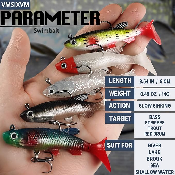 Soft Fishing Lures Shad Minnow Swimbaits, Pre-Rigged Jig Heads Paddle Tail Swim Baits for Bass, Trout, Walleye, Crappie, Sinking Jigs Bait for Saltwater Freshwater, Fishing Gifts for Men