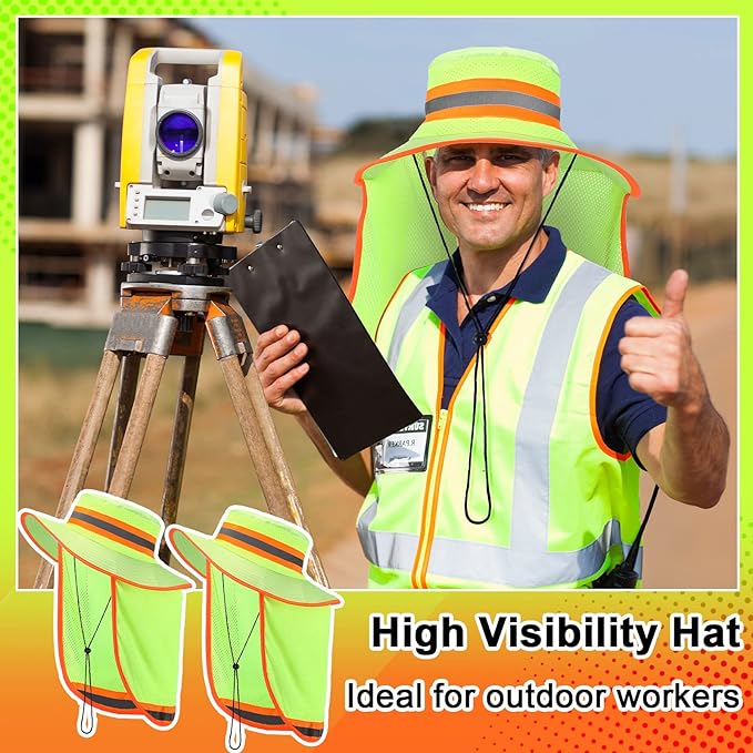 Jexine 10 Pcs High Visibility Reflective Hat with Neck Flap Safety Sun Hat for Men Bucket Cap Boonie Hats Bulk