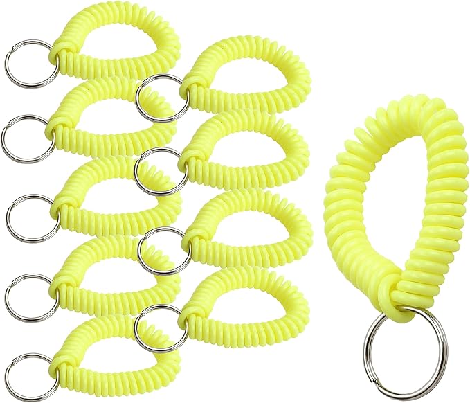 Lucky Line 2” Spiral Wrist Coil with Steel Key Ring, Flexible Wrist Band Key Chain Bracelet, Stretches to 12”, Neon Yellow, 10 PK (41086)