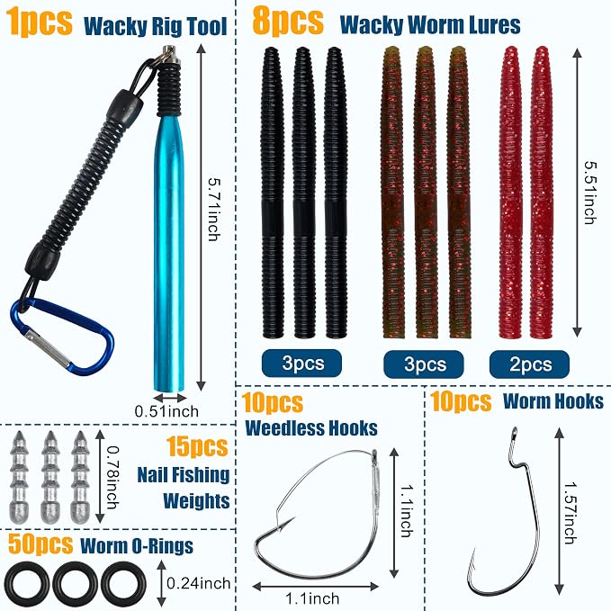 Wacky Rig Worm Fishing Lures Kit, 94pcs Bass Fishing Lures Wacky Rig Kit with Soft Plastic Lures Wacky Rig Tool, O-Rings, Worm Hooks, Nail Fishing Weights for Carolina Texas Rig
