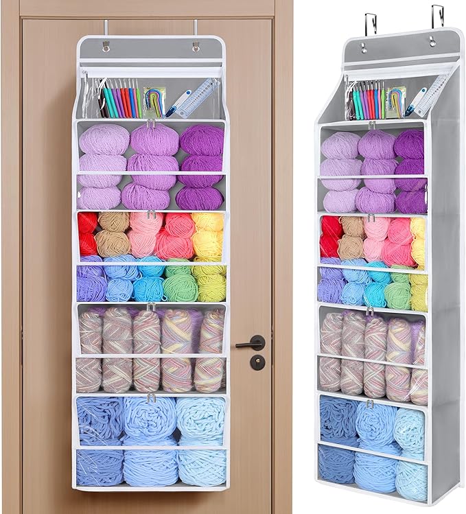 Univivi Hanging Yarn Storage Organizer with 5 Zipper Closure Compartments, Large Capacity Knitting Organizer Storage, Over the Door Hanging Yarn Holder for Knitting Needles, Crochet Hooks (Light Grey)