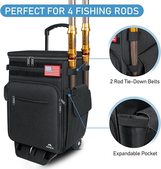 MATEIN Rolling Tackle Box with Cooler, Large Fishing Bag with Wheels for 5 Trays(Trays Not Included), Saltwater Resistant Tackle Backpack with Rod Holders for Storage Gear Pole Lures