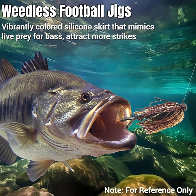 Weedless Football Jigs for Bass Fishing, Multi-Coloured Finesse Football Jig Heads with Vivid Hand-Tied Silicone Skirt and Weed Guard 1/4 3/8 1/2 3/4oz (Pack of 5)