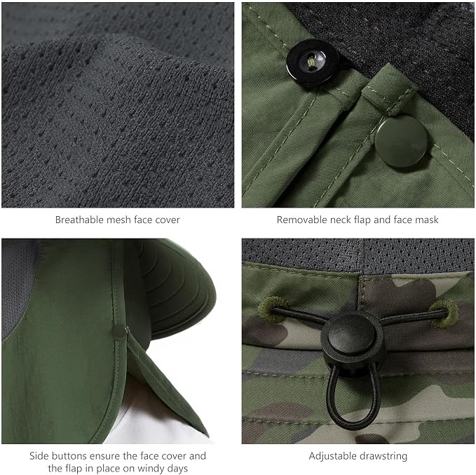 BASSDASH UPF 50+ Breathable Sun Hat with Removable Face Cover and Neck Flap Wide Brim Bucket Hat for Fishing Hiking Men Women