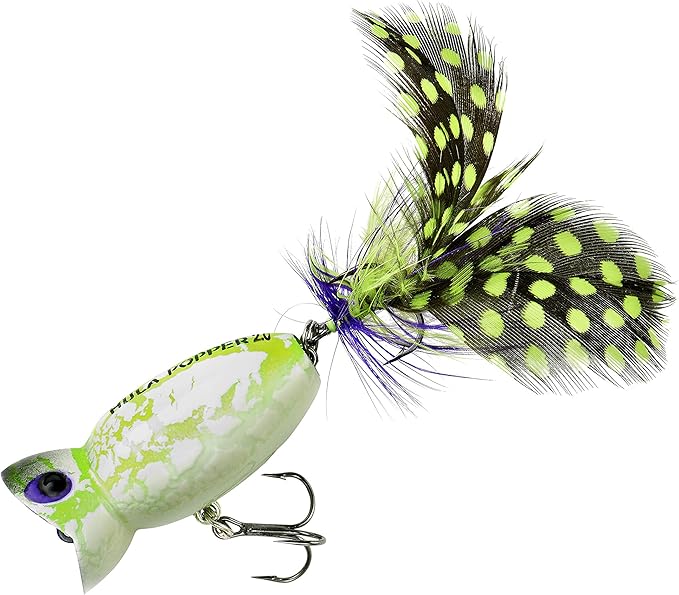 Arbogast Hula Popper 2.0 Topwater Fishing Lure with Feathered Treble Hook and Crackle Pattern Body