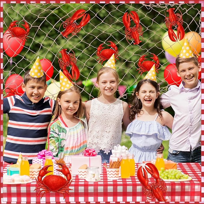 Silipull 11 Pcs Crawfish Crab Party Decorations Kit Fishing Net Cute Cardstock Photo Prop for Birthday Sea Animal Indoor Outdoor Dessert Table Party Supply
