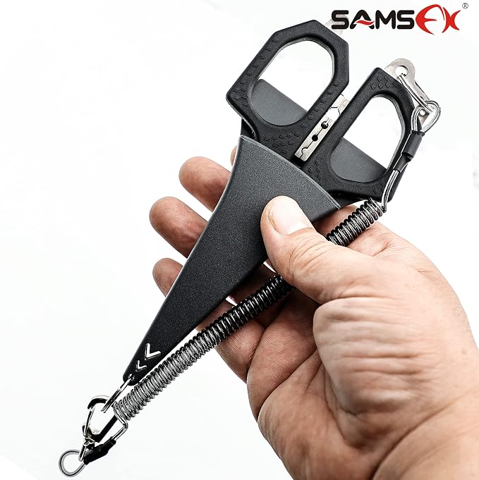 SAMSFX Fishing 6.5" Pro Fishing Scissos, Dual Serrated Blades, Braided Line Shears with Titanium Coating, Non-Slip Grip & Multifunction Tool, Come with Hard Molded Locking Sheath & Coiled Lanyad