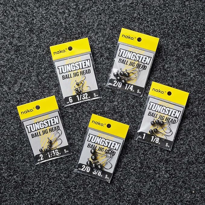 Nako 200% Sensitive Tungsten Ball Jig Heads - 5 Pack - No Chip Black - Tungsten Fishing Jig Heads, 1/32, 1/16, 1/8, 3/16, 1/4, 3/8oz, Damiki Rig Jig Heads
