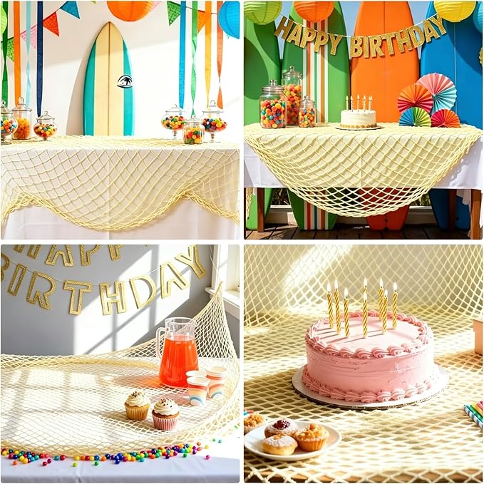 2 Pack Decorative Fishing Net, 5x10 ft Large Yellow Fish Net to Hang Stuffed Animals, Decor Net for Nautical Beach Mermaid Theme Birthday Party, Baby Shower, Drape Tables, Balloon Holder