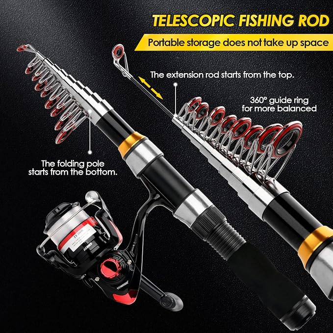 Telescopic Fishing Rod Reel Combo 2PCS 6.89FT Collapsible Fishing Pole Spinning Reel Lures Accessories with Fishing Bag Portable Fishing Rod Kit for Saltwater Freshwater Travel Fishermen Gift