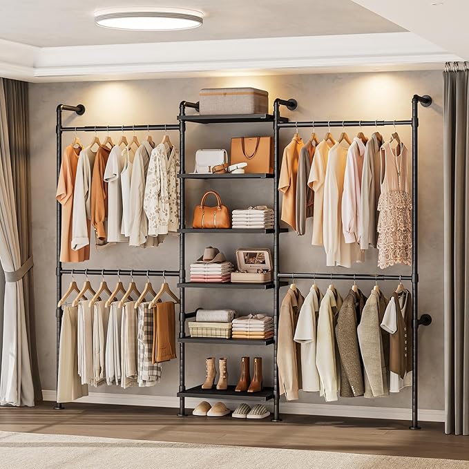 T1 Wall Mounted Closet System, Industrial Pipe Clothing Rack with 6 Wooden Shelves & 4 Telescopic Rods, Heavy Duty Closet Organizers and Storage in Wardrobe Closet (Rustic Brown)