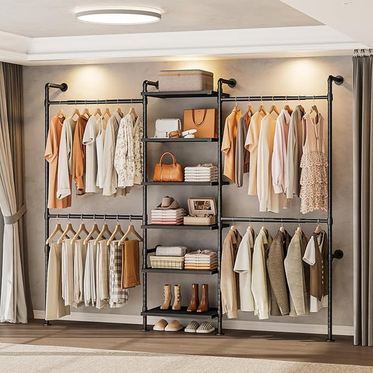 T1 Wall Mounted Closet System, Industrial Pipe Clothing Rack with 6 Wooden Shelves & 4 Telescopic Rods, Heavy Duty Closet Organizers and Storage in Wardrobe Closet (Rustic Brown)
