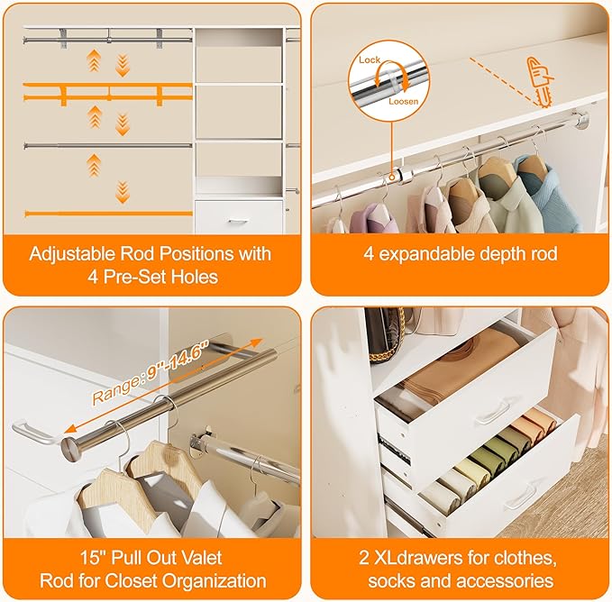 Closet System, 6-9FT Walk-in Closet Organizer System with 2 Wooden Drawers 4 Expandable Hanging Rods, Wood Wardrobe Storage Organizer with Valet Rod, Clothes Garment Rack for Bedroom, White