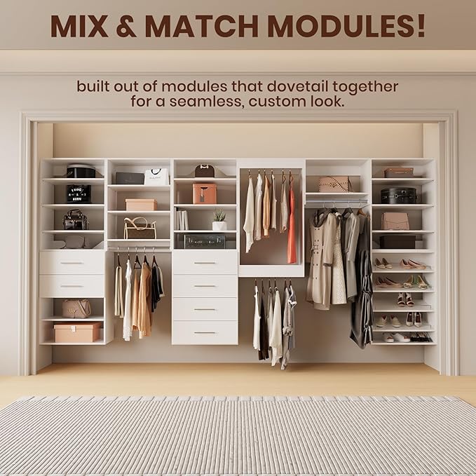 ROOMTEC 25.5" 4 Drawer Short Tower Closet Unit, Modular Closet System with Drawers and Shelf, Wardrobe Organizer for Bedroom or Walk-in Closet, Wall Mounted, Customizable Clothes Storage Unit, White