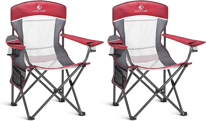 ALPHA CAMP Heavy Duty Camping Chair 500LBS Capacity, Oversized Folding Chair for Heavy People, Padded Portable Outdoor Chair with Cooler Bag & Cup Holder for Camping, Fishing, Beach