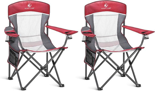 ALPHA CAMP Heavy Duty Camping Chair 500LBS Capacity, Oversized Folding Chair for Heavy People, Padded Portable Outdoor Chair with Cooler Bag & Cup Holder for Camping, Fishing, Beach