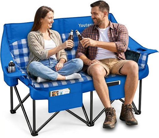 Youtanic Double Camping Chair, Heavy Duty 650lbs Padded Loveseat for Adults, Folding 2 Person Camp Couch with Cup Holder & Carry Bag, Wide Plaid Portable Lawn Seat for Outdoor Beach Sports, Blue