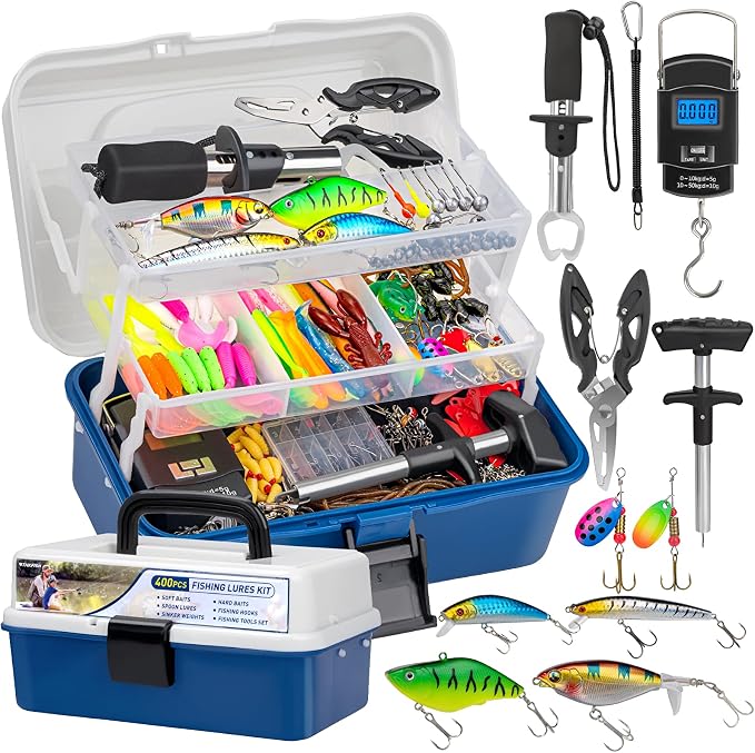 THKFISH 400PCS Fishing Lures Accessories Kit with Large 3-Layer Tackle Box Complete Freshwater Bass Fishing Gear Tools Set with Pliers, Fish Scale, Crankbait, Hooks, Weights Gift for Men