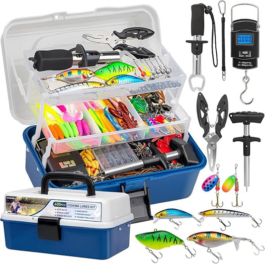 THKFISH 400PCS Fishing Lures Accessories Kit with Large 3-Layer Tackle Box Complete Freshwater Bass Fishing Gear Tools Set with Pliers, Fish Scale, Crankbait, Hooks, Weights Gift for Men