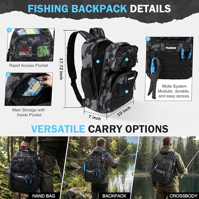 PLUSINNO Fishing Gear, Fishing Backpack with Fishing Rod, Tackle Box, Waterproof Tackle Backpack with Rod Holders,Lures, Tools, Pliers & Accessories, Fish Gifts for Men