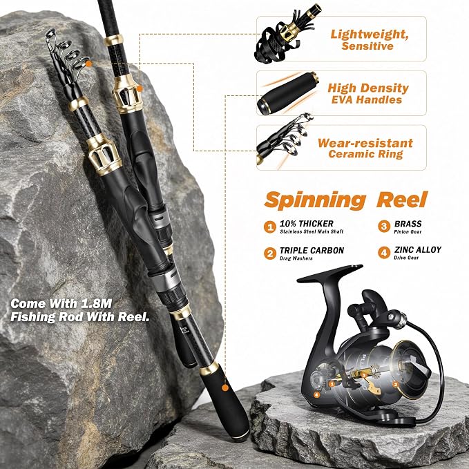 PLUSINNO Fishing Gear, Fishing Backpack with Fishing Rod, Tackle Box, Waterproof Tackle Backpack with Rod Holders,Lures, Tools, Pliers & Accessories, Fish Gifts for Men