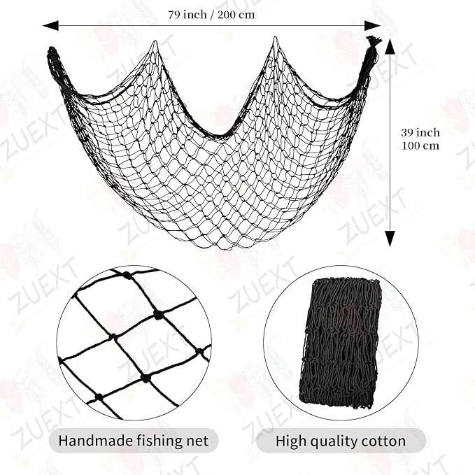 ZUEXT Decorative Fishing Net 80x40 Inch, Large Black Picture Fish Net, Wall Photo Hanging Fishnet for Nautical Mermaid Pirate Ocean Themed Hawaii Beach Under The Sea Party Decorations