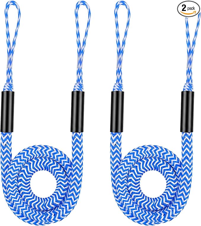 Boat Bungee Dock Lines, Scratch-Free Loop Ends Mooring Rope, Shock Absorbing Pontoon Tie Down Accessories Compatible with Models for Jet Ski（6ft-2 Pack-Blue&White Stripes）