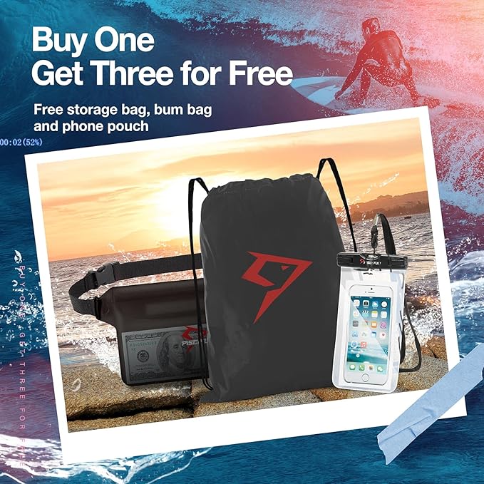 Piscifun Dry Bag Waterproof, Lightweight Dry Backpack Roll-Top Sealed with Waist Pouch and Phone Case Keeps Gear Dry Inside for Kayaking, Boating