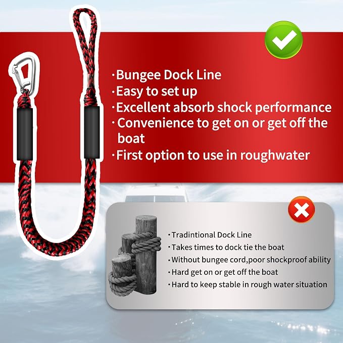 Bungee Dock Line with Stainless Steel Clip – Boat Dock Rope with Foam Float for Kayak, Canoe, Pontoon, Watercraft, SeaDoo, Docking – 4–5.5 ft, 2 Pack（Red&Black）