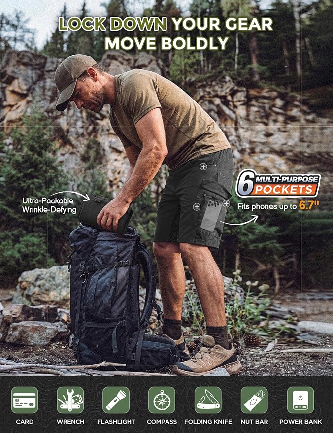 XKTTAC Men's Outdoor Quick Dry Lightweight Stretchy Shorts for Hiking, Tactical, Camping, Travel with 6 Pockets