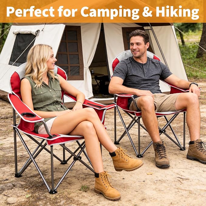 NEWBULIG Oversized Folding Camping Chair for Adults, Portable Outdoor Collapsible Chairs, 500 LBS Heavy Duty Support, with Cup Holders, for Lawn, Fishing, Hiking, Red