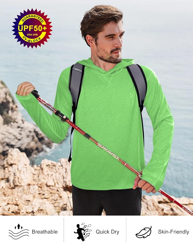 Roadbox Mens UPF 50+ Fishing Shirts, Long Sleeve UV Sun Hoodie, Hiking Running Swim Athletic Workout Shirt