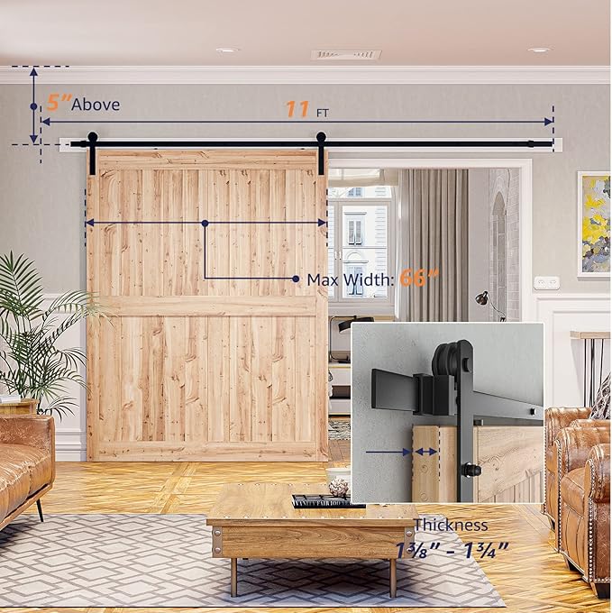 SMARTSTANDARD 11ft Barn Door Hardware Kit, Track, Sliding Hardware - Smoothly and Quietly - Heavy Duty Sturdy - Easy to Install, Fit 60"-66" Wide Panel (I Shape Hanger)