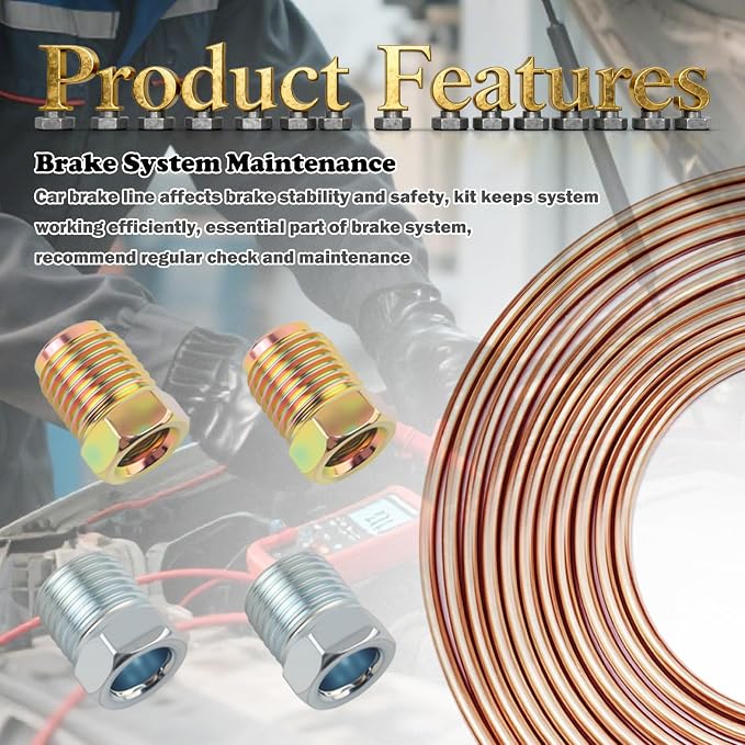 25Ft 5/16 Brake Line Kit Iron Copper Plated,Flexible 5/16 Brakes Lines Tubing Kit Includes 16PCS Inverted Tube Nuts,Professional Car Brakes Line Repair Kits Car Accessories