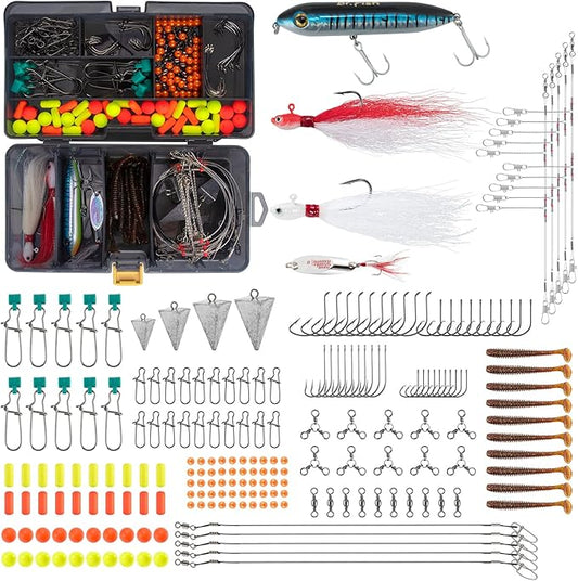 Dr.Fish 269 Pieces Surf Fishing Tackle Box Kit, Saltwater Ocean Beach Fishing Gear Supplies, Lure&Rig Accessories, Bucktail Jigs Saltwater Lures Walking Bait Surf Casting Pyramid Sinkers