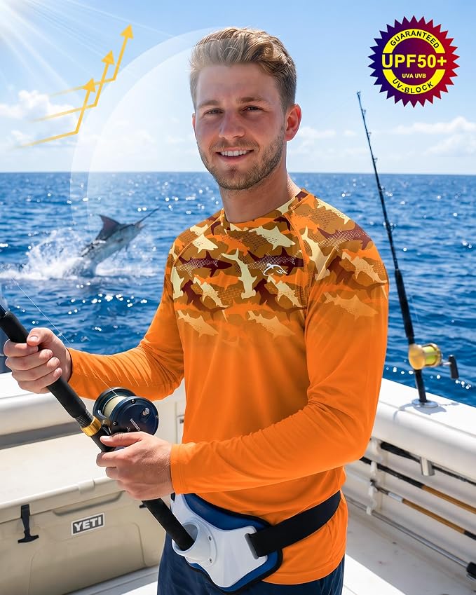 FISHEAL Men's Long Sleeve Fishing Shirts, UPF 50+ Camo Sun Protection Rash Guard, UV Shirt for Swimming Hunting Outdoor