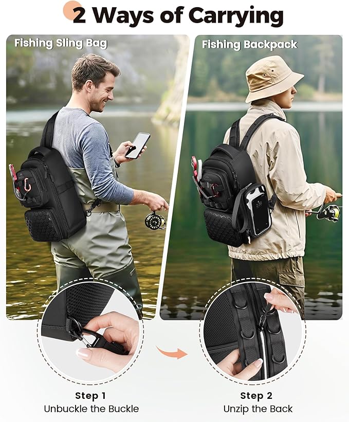 MATEIN Fishing Sling Bag with Lure Rod Holder & Phone Pouch, Waterproof 3600 Tackle Box Backpack with Removable Bait Binder