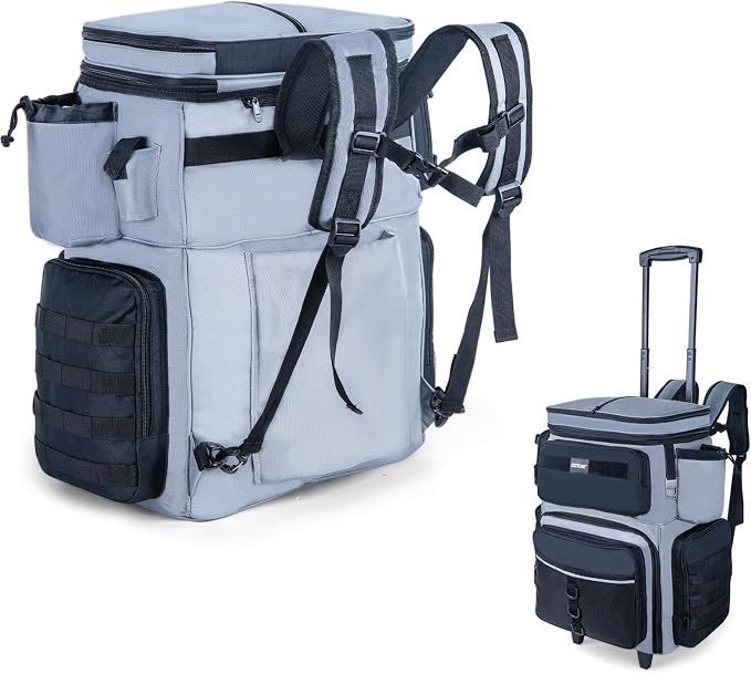 Goture 66L Rolling Tackle Box with Cooler, Gray Large Fishing Bag with Wheels for 5 3700 Trays(Trays Not Included), Saltwater Resistant Tackle Backpack with Rod Holders